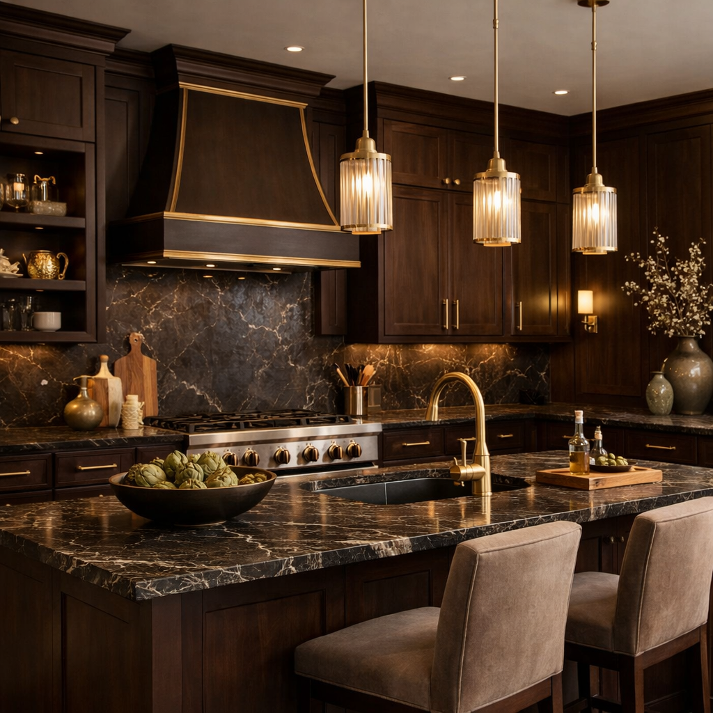 A luxurious kitchen featuring dark brown cabinets, gold accents, and marble countertops.