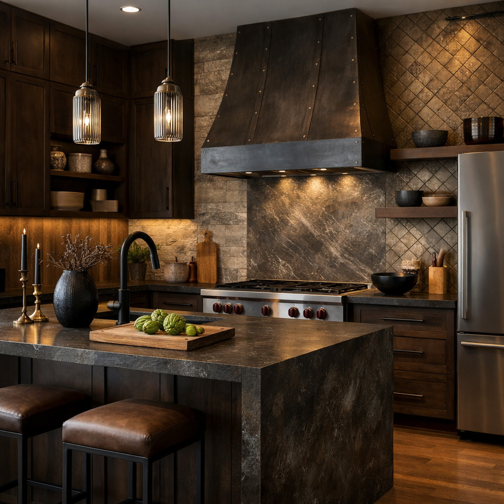 A modern kitchen featuring dark brown cabinets, stone countertops, metal accents, and warm lighting.