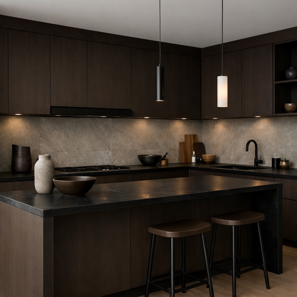 A modern kitchen featuring dark brown cabinets, a stone countertop, and stylish pendant lighting.