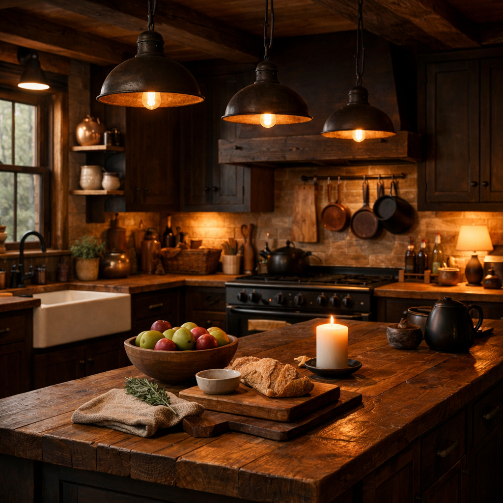 A rustic kitchen featuring dark brown cabinets, wooden countertops, and warm lighting.