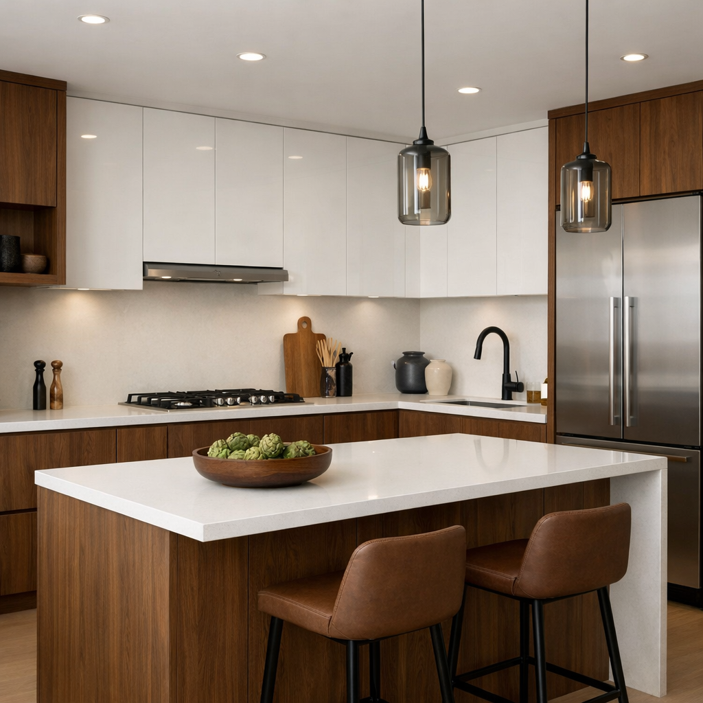 Modern kitchen with brown wood cabinets and white accents.