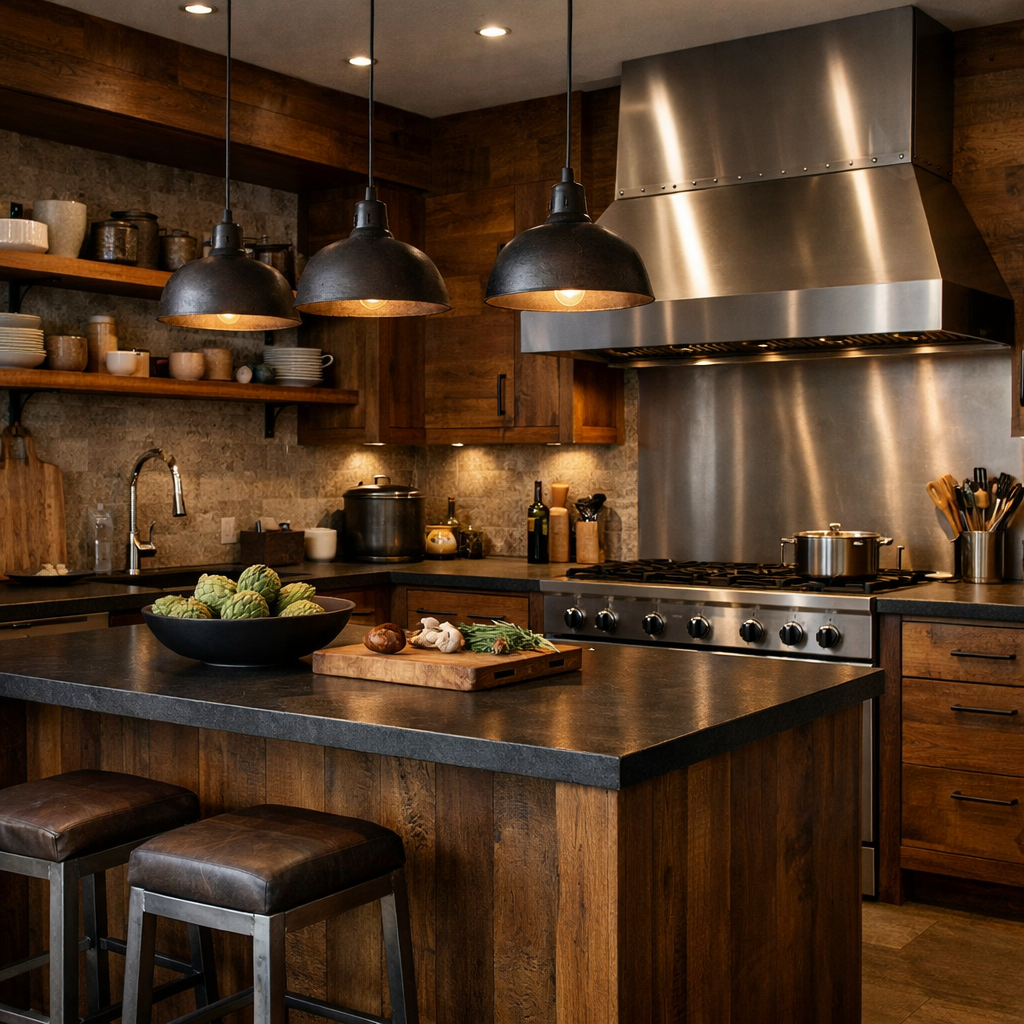 Cozy brown kitchen with wood and metal accents
