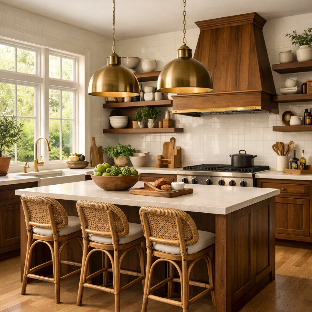 Bright kitchen with wood cabinets, rattan stools, and natural light