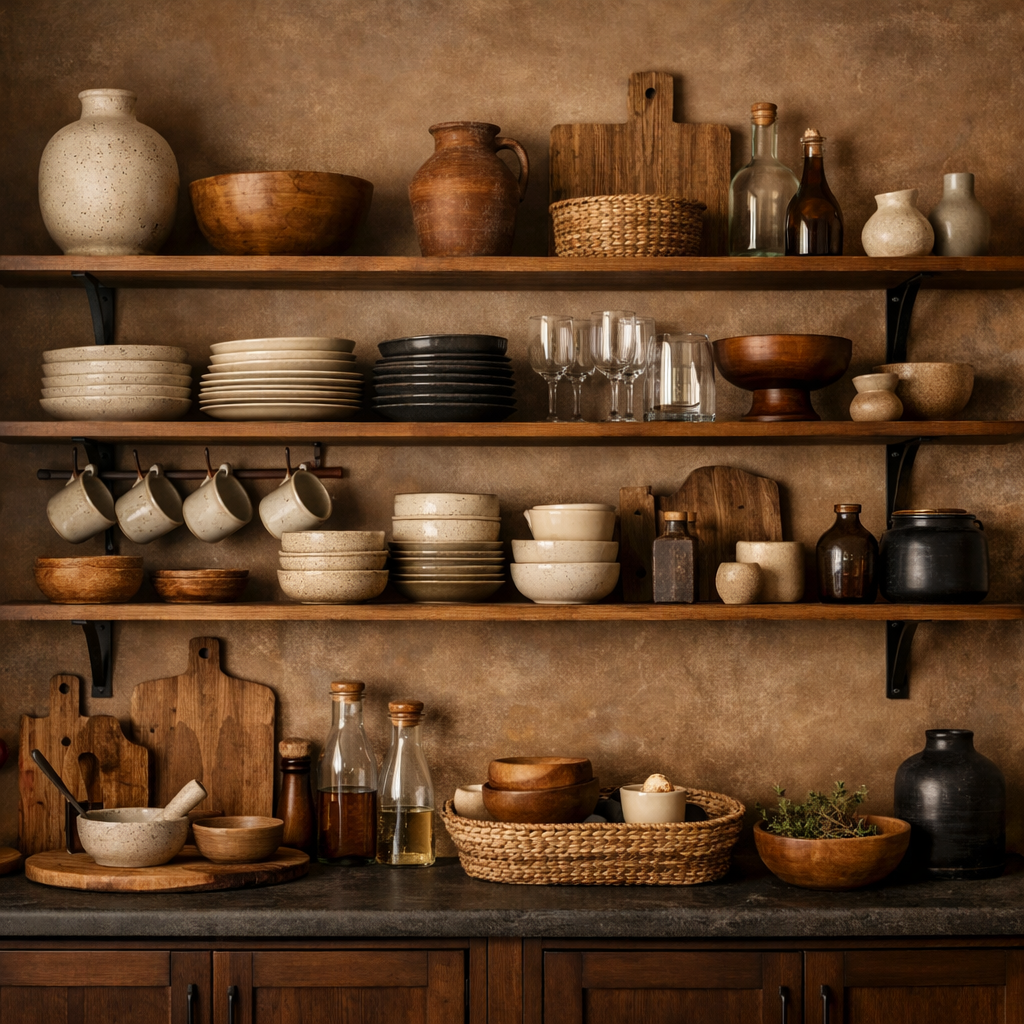Open shelving displaying various brown dishware in a cozy kitchen.
