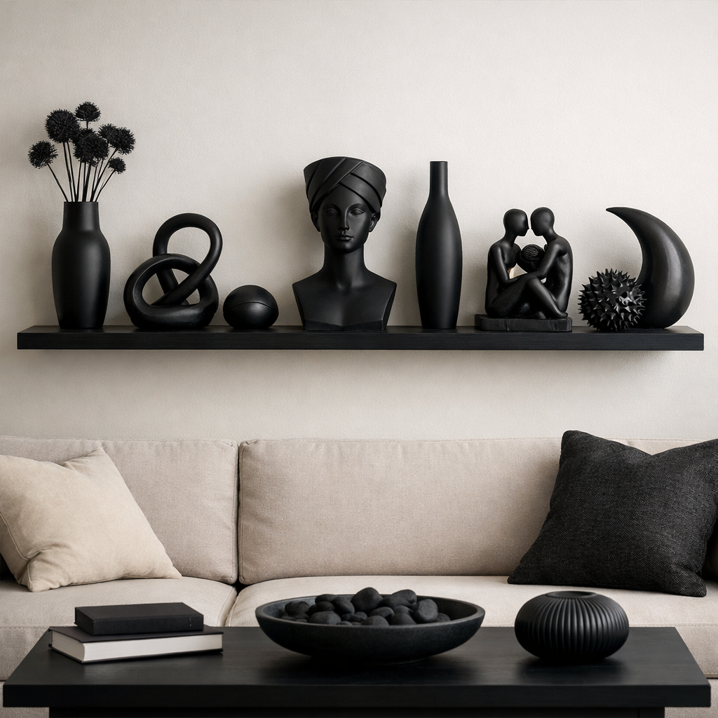 A stylish black decor setup featuring various artistic accessories on a shelf above a cozy couch.