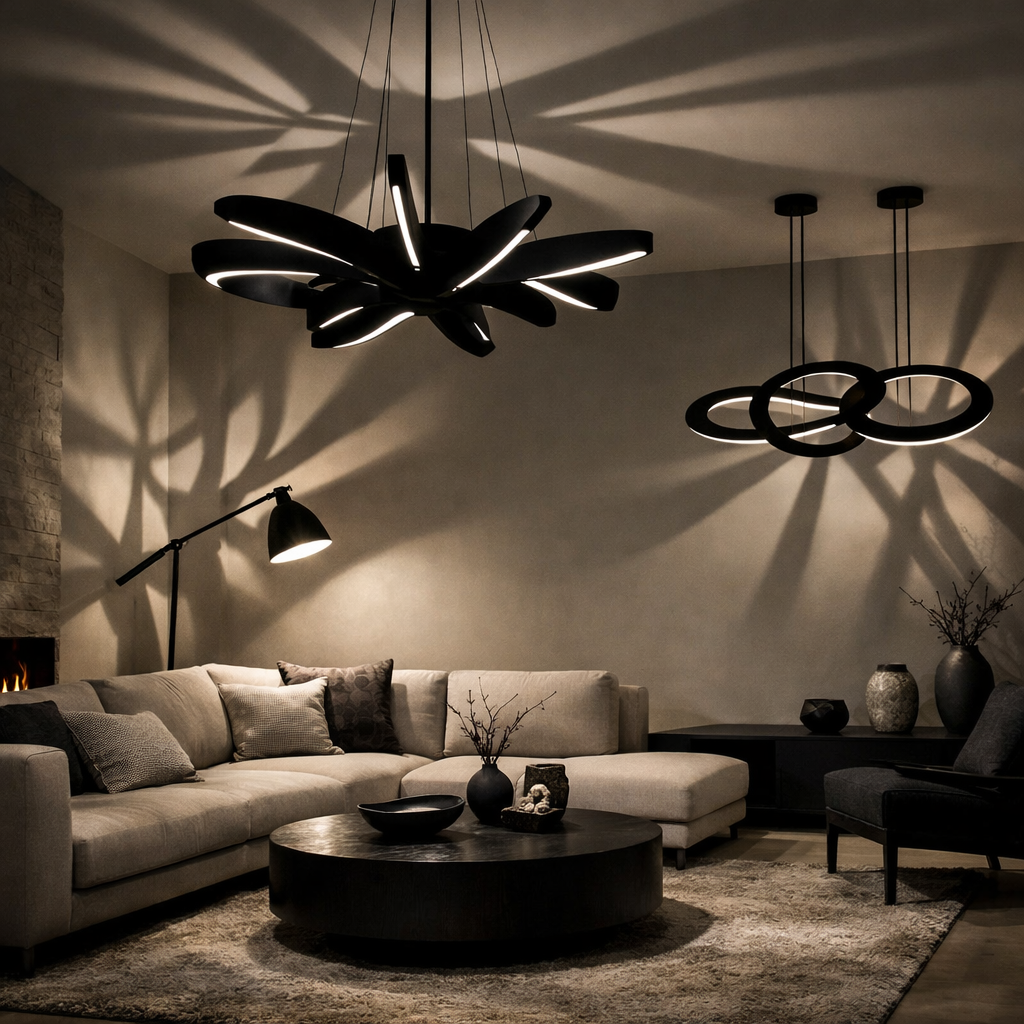 A stylish black living room with modern black lighting fixtures, featuring a large chandelier and floor lamp.