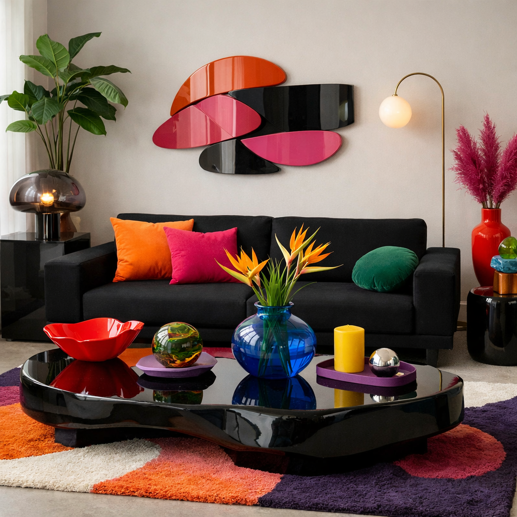 A stylish black living room featuring a black sofa, colorful pillows, a unique black coffee table, vibrant decor, and wall art.