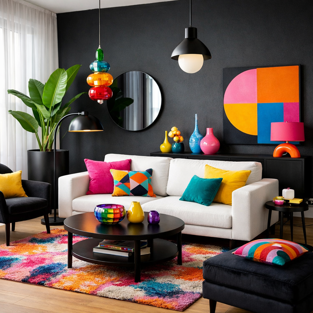 A stylish living room with black walls, a white sofa, colorful pillows, and vibrant decor.