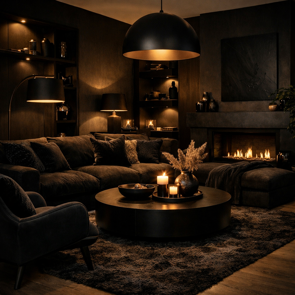 Cozy black living room with plush furniture, warm lighting, and decorative elements