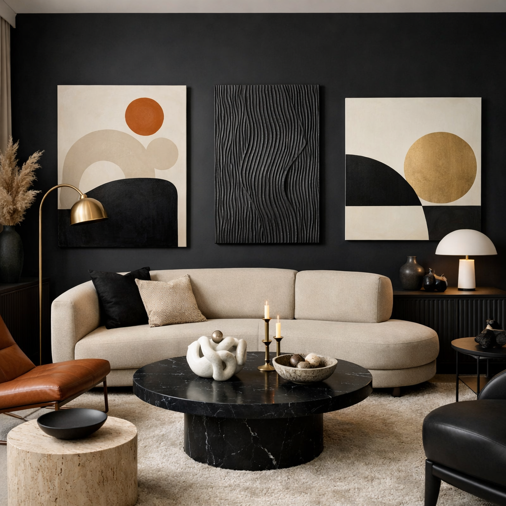 Elegant living room with black accent wall, stylish furniture, and art pieces