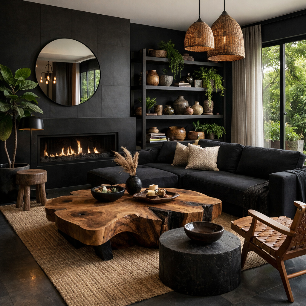A stylish black living room featuring natural elements like a wooden coffee table, green plants, and warm lighting.