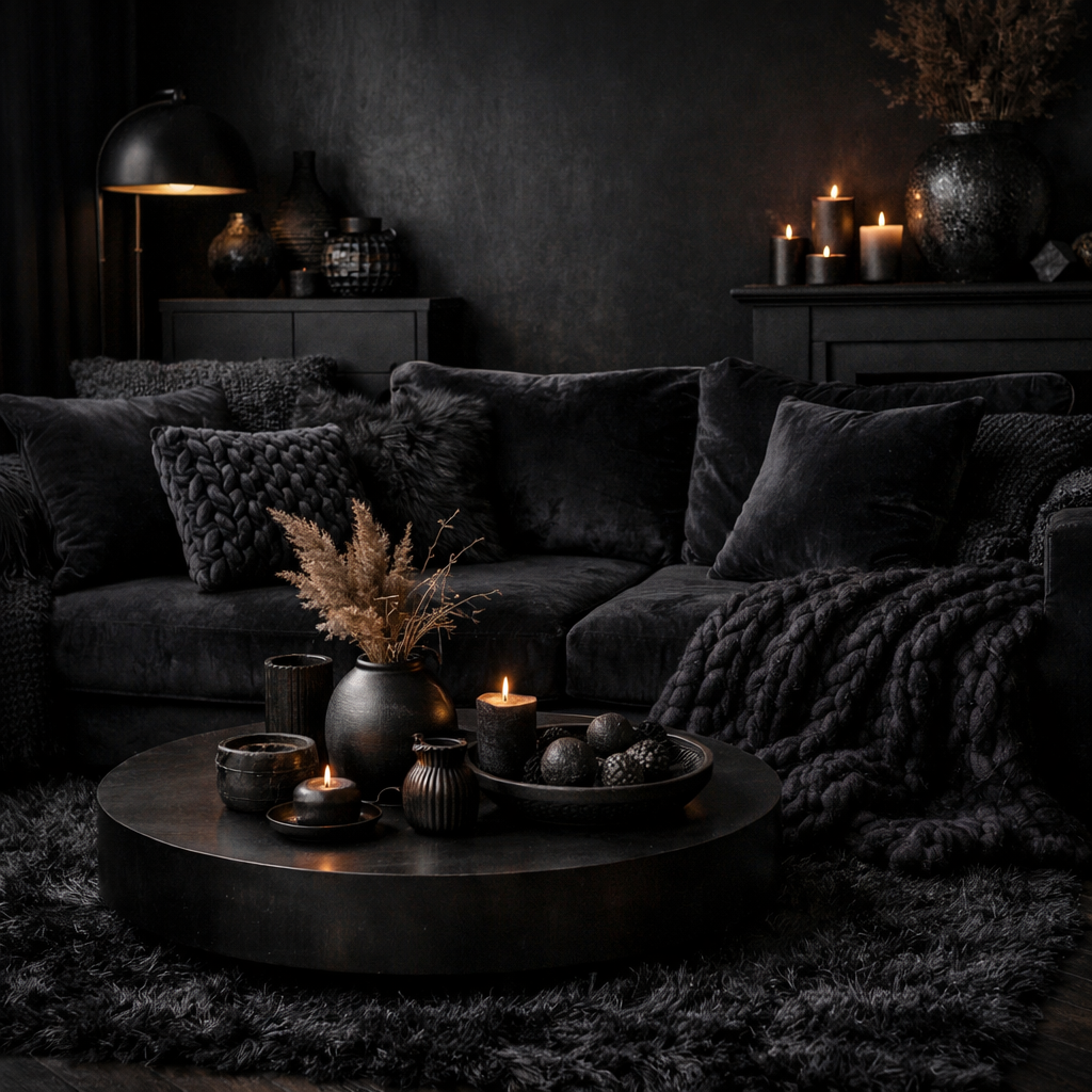 A cozy black living room with textured decor, featuring a plush couch and candle arrangements.