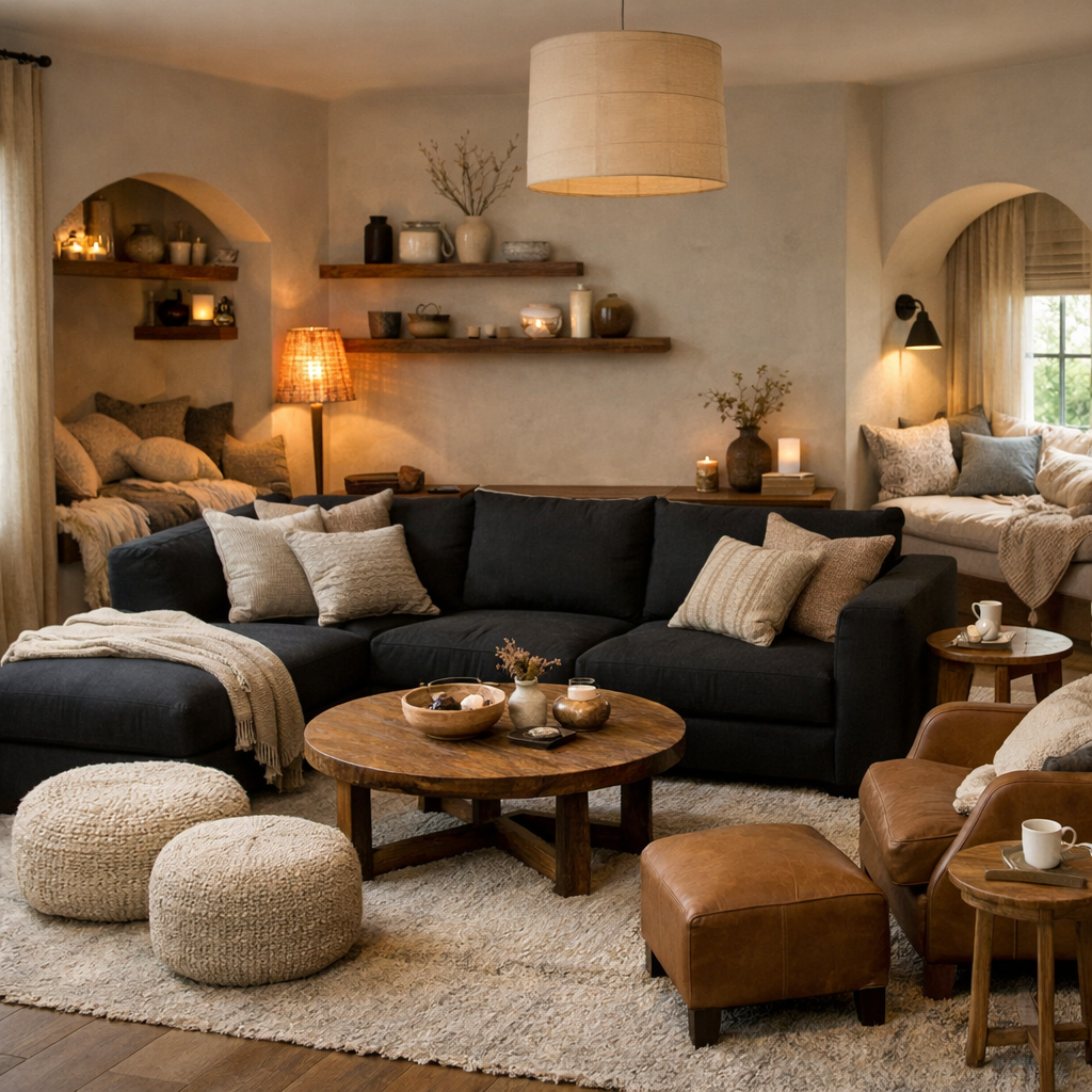A cozy living room featuring a black sofa, wooden furniture, and warm lighting.