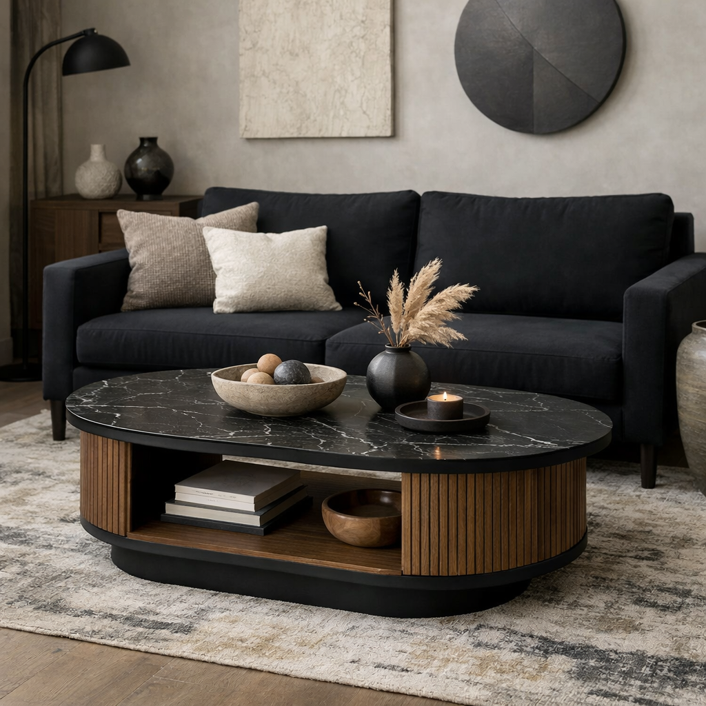 Stylish black sofa and modern coffee table in a living room setting