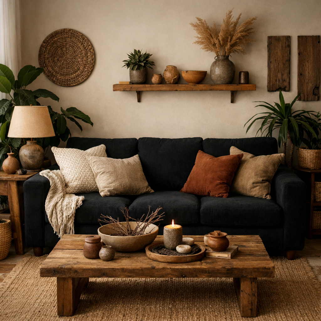 Cozy living room with a black sofa, natural decorations, and wooden elements.
