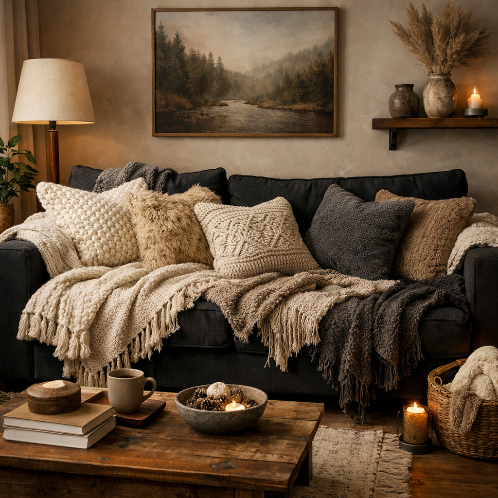 Cozy living room featuring a black sofa adorned with a variety of textured pillows and throw blankets, complemented by a rustic coffee table.