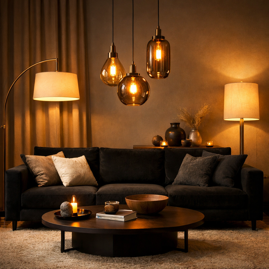 A dark living room with a black sofa, warm lighting from hanging pendants, and a floor lamp, creating an inviting atmosphere.