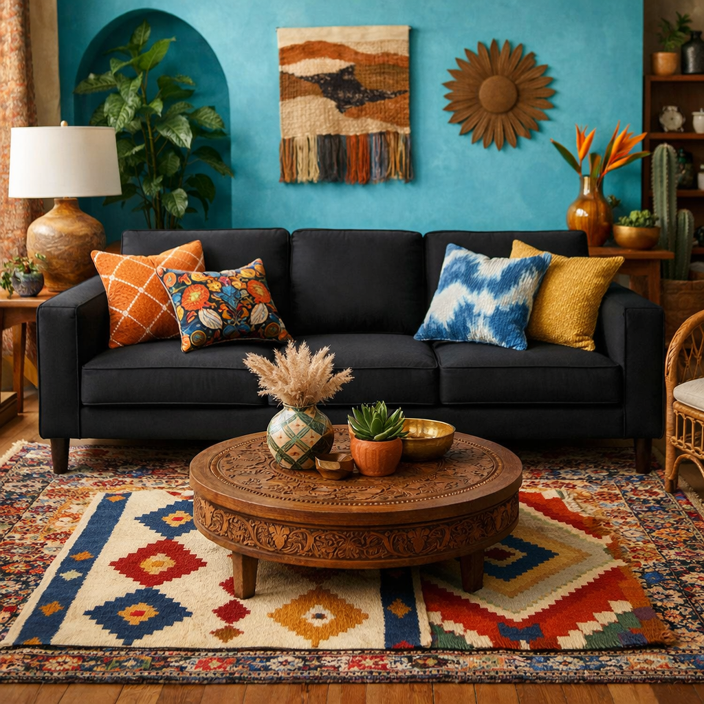 A stylish living room featuring a black sofa adorned with colorful throw pillows, a patterned rug, and a wooden coffee table.