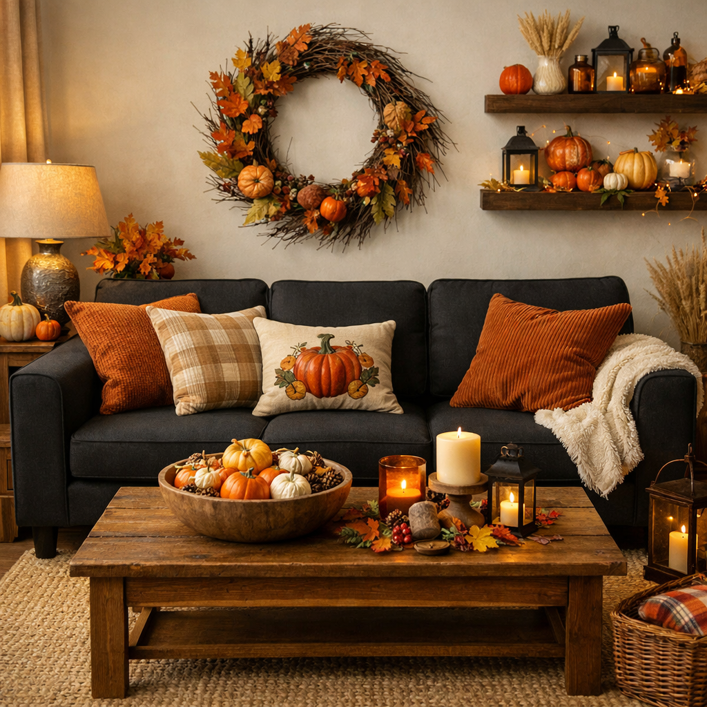 Cozy living room with a black sofa, decorated for autumn with pillows, pumpkins, and candles.