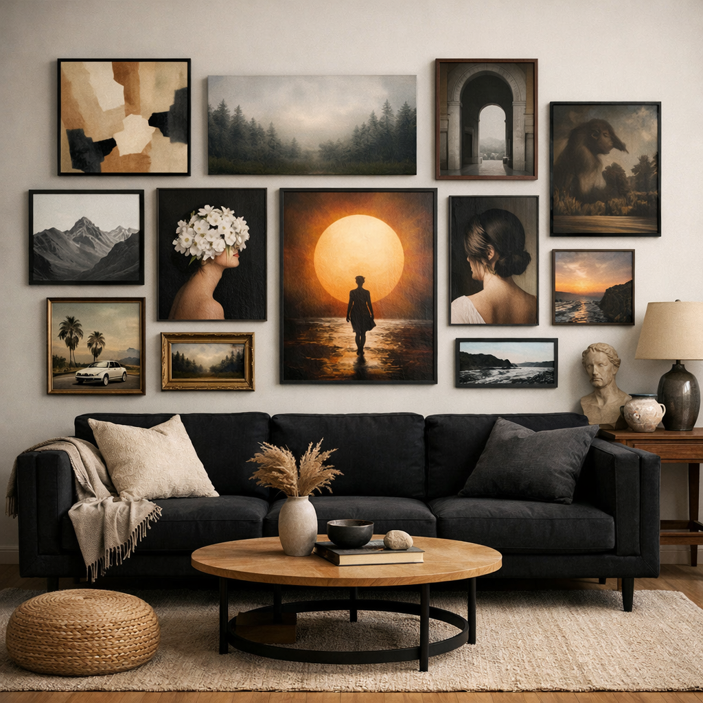 Artistic wall displays with a variety of framed artworks behind a black couch in a stylish living room.
