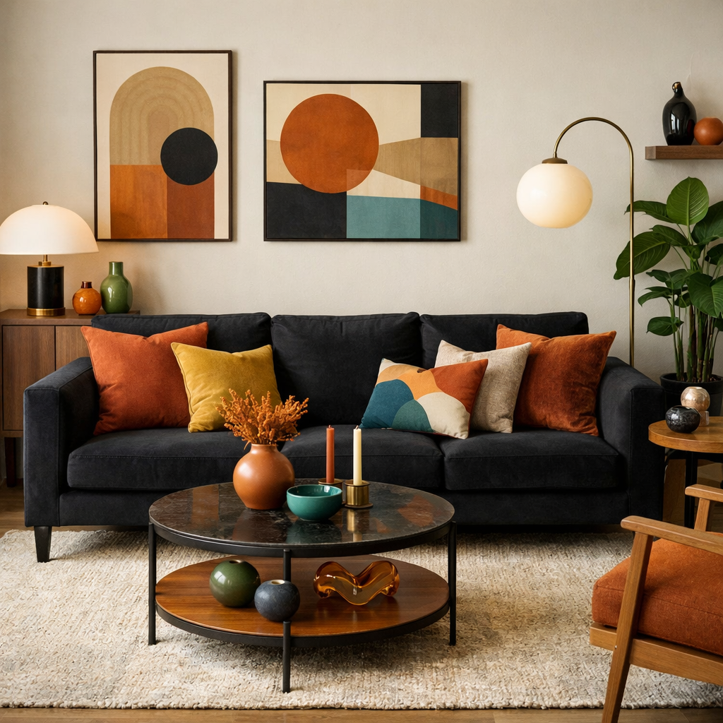 A stylish living room featuring a black couch with colorful pillows, decorative elements, and modern artwork on the walls.