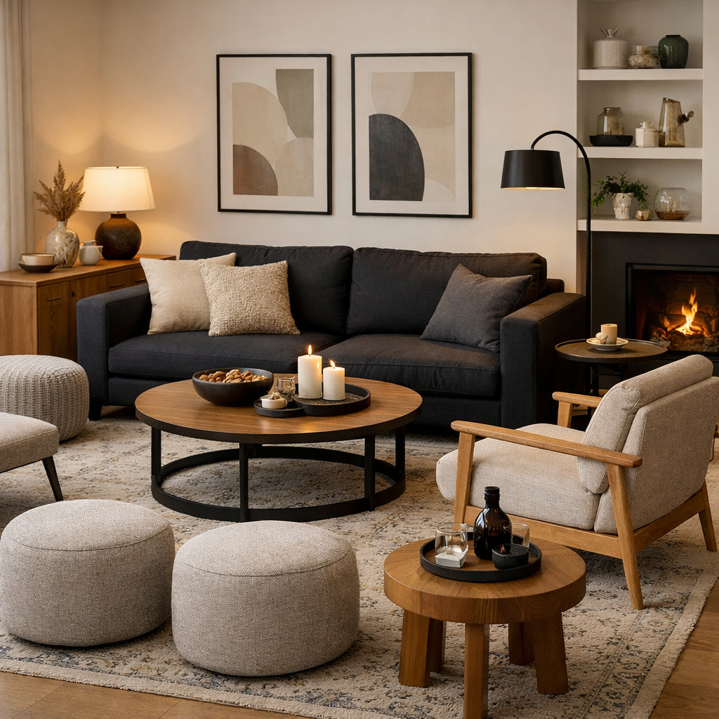 A stylish living room featuring a black couch surrounded by natural wood accents, poufs, and a cozy atmosphere.