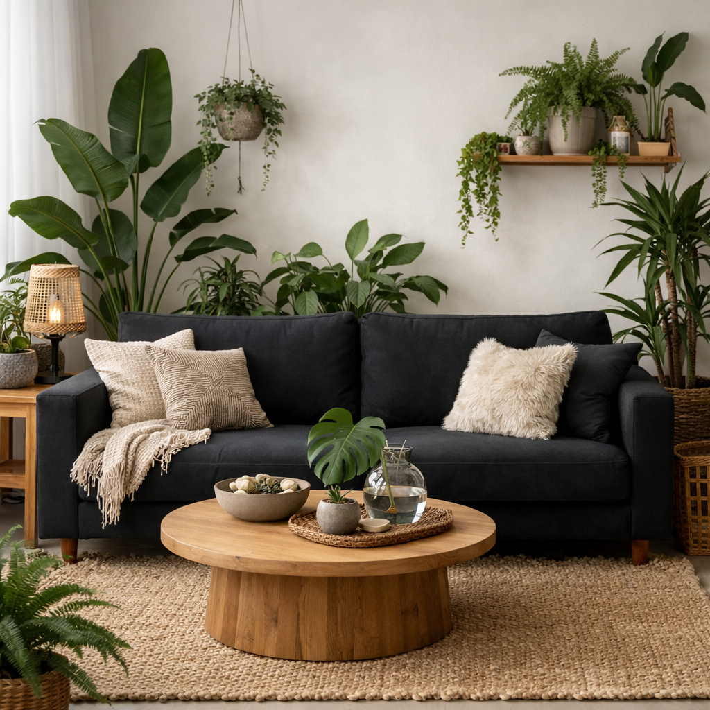 A stylish living room featuring a black couch surrounded by various plants and a wooden coffee table.