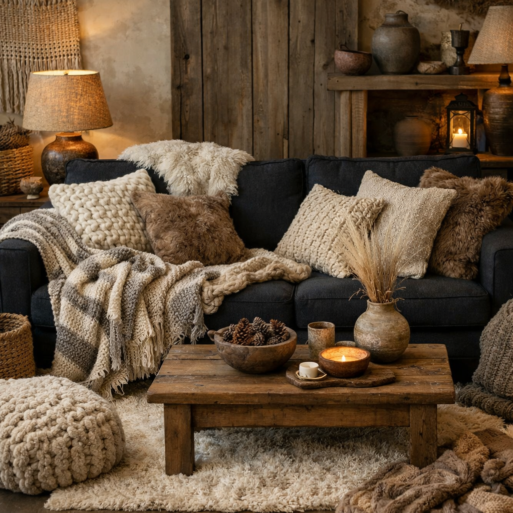 A cozy living room featuring a black couch surrounded by layered textures, including soft blankets, decorative pillows, and wooden decor.