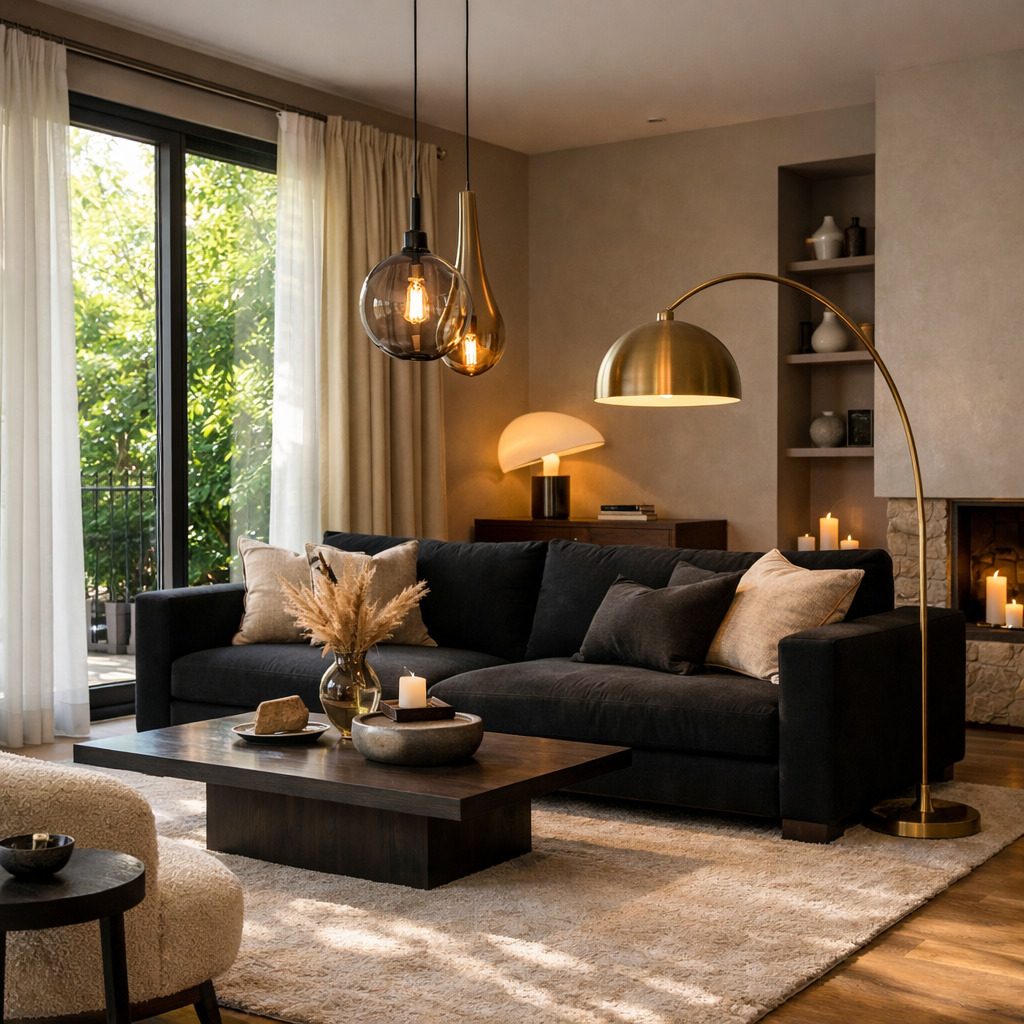 A modern living room featuring a black couch with stylish lighting fixtures and a warm atmosphere.