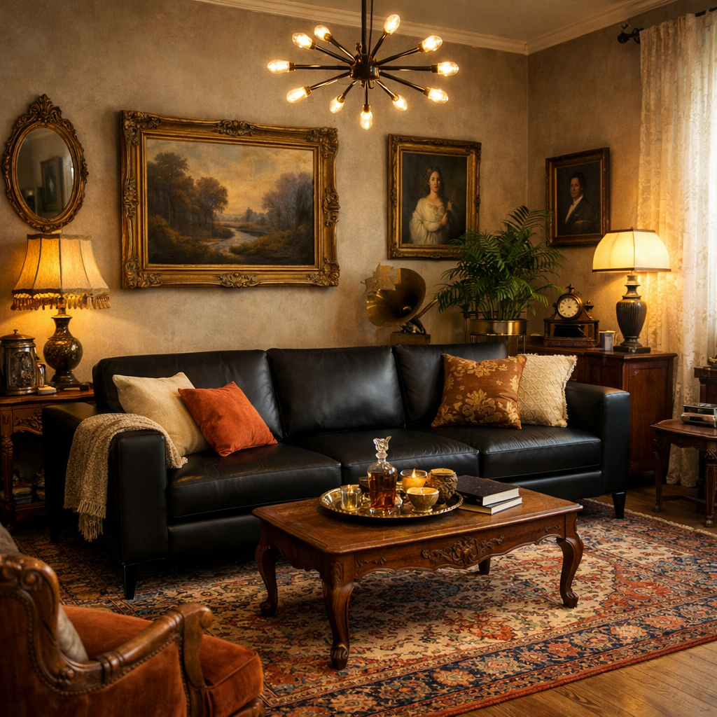 A stylish living room with a black couch, vintage artwork, and modern lighting elements