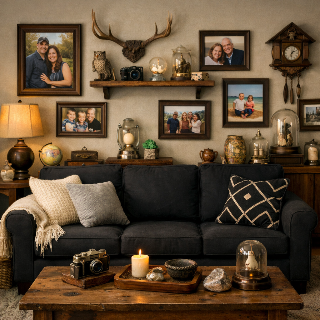 A cozy living room featuring a black couch, framed photos on the wall, and personalized decor accents.