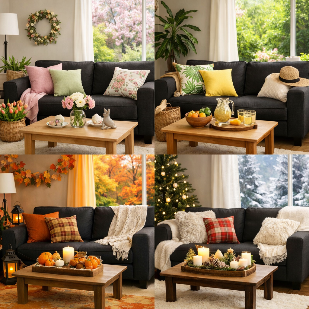 A collage of a black couch in different seasonal decor settings, showcasing spring, summer, autumn, and winter themes.