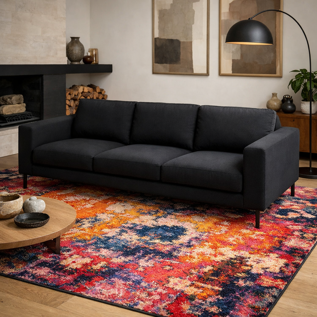 A black couch placed on a colorful statement rug in a stylish living room.