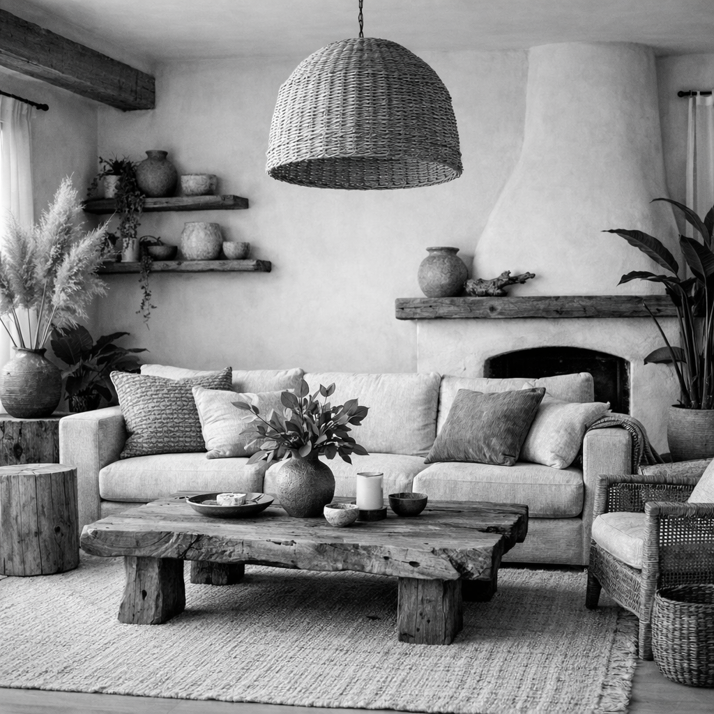 A black and white living room featuring a cozy couch, rustic wooden furniture, and potted plants.
