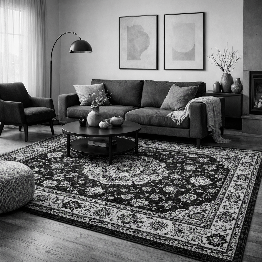 A black and white living room featuring a patterned rug, a dark sofa, and modern decor elements.
