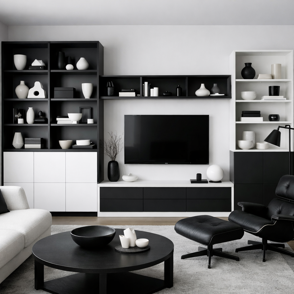 Modern black and white living room with stylish storage solutions