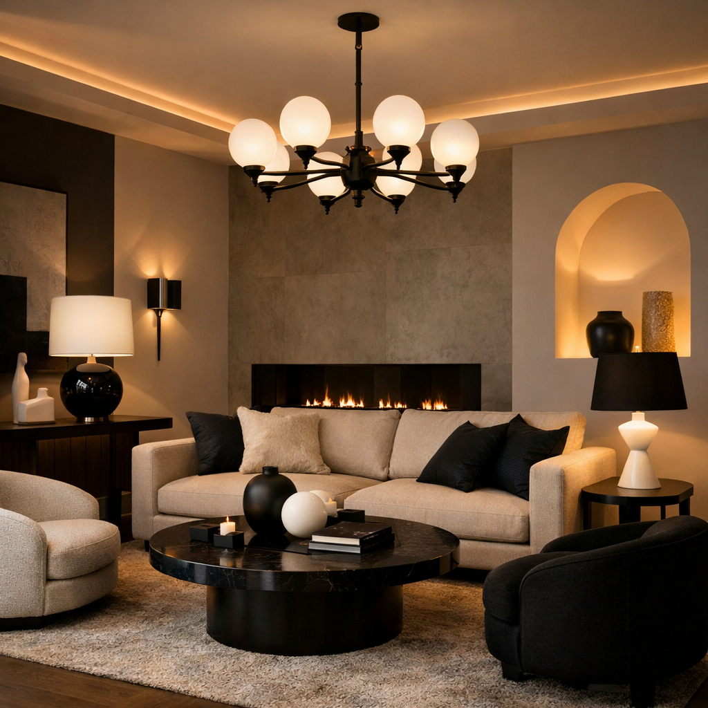 A black and white living room featuring layered lighting elements, including a chandelier and table lamps.