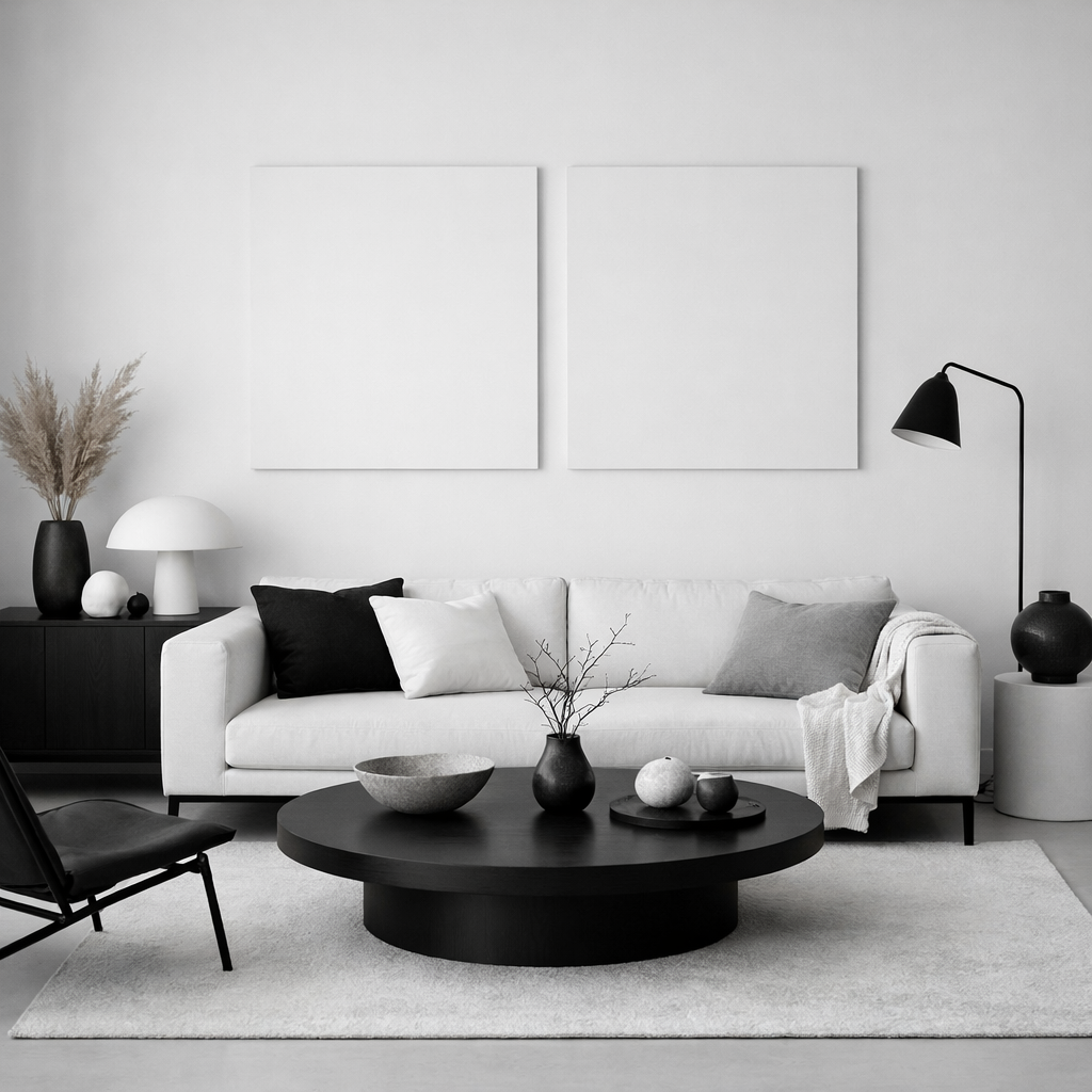 Black and white minimalist living room featuring a light sofa, dark accessories, and simple decorative elements.