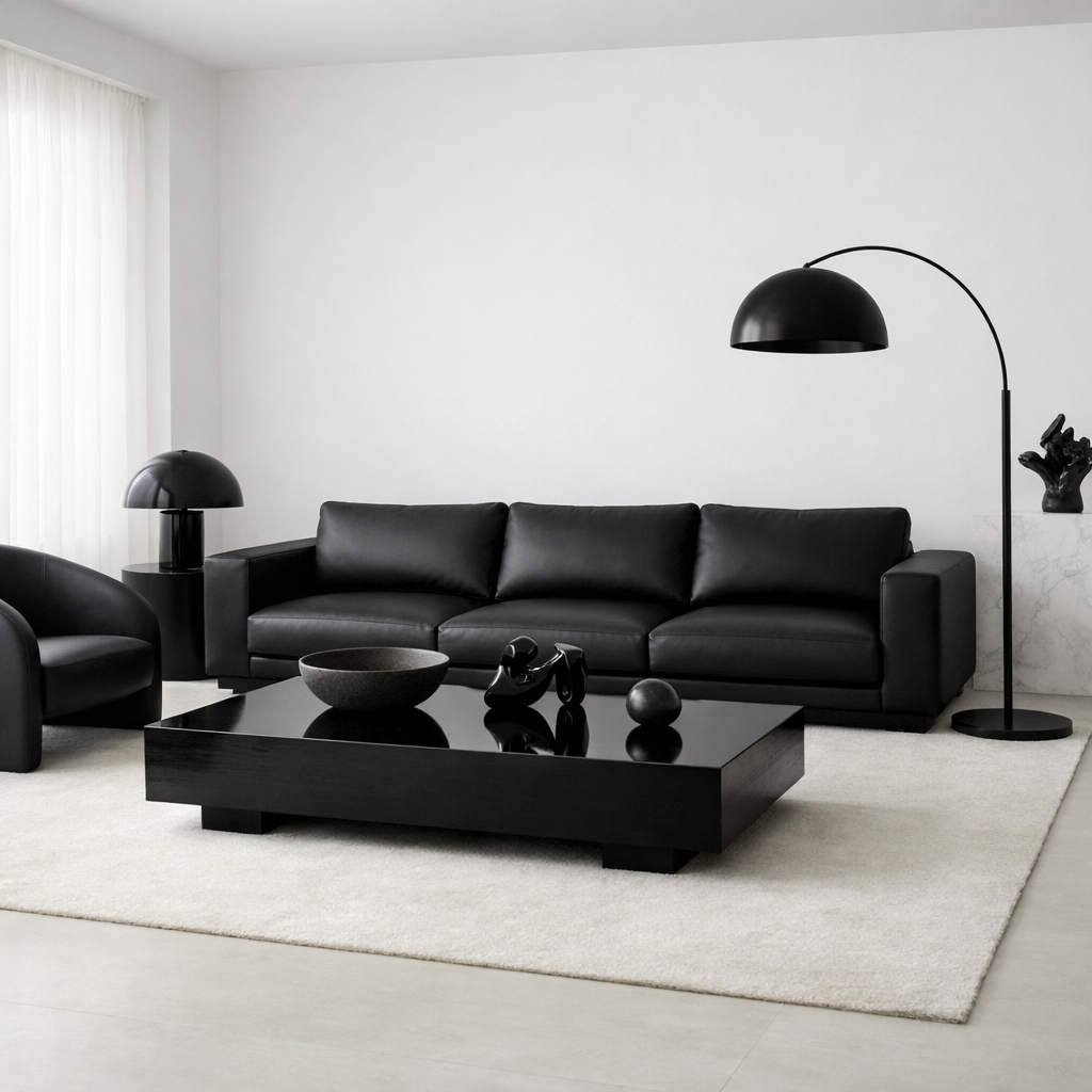 Modern black and white living room featuring a black sofa, armchairs, and coffee table.