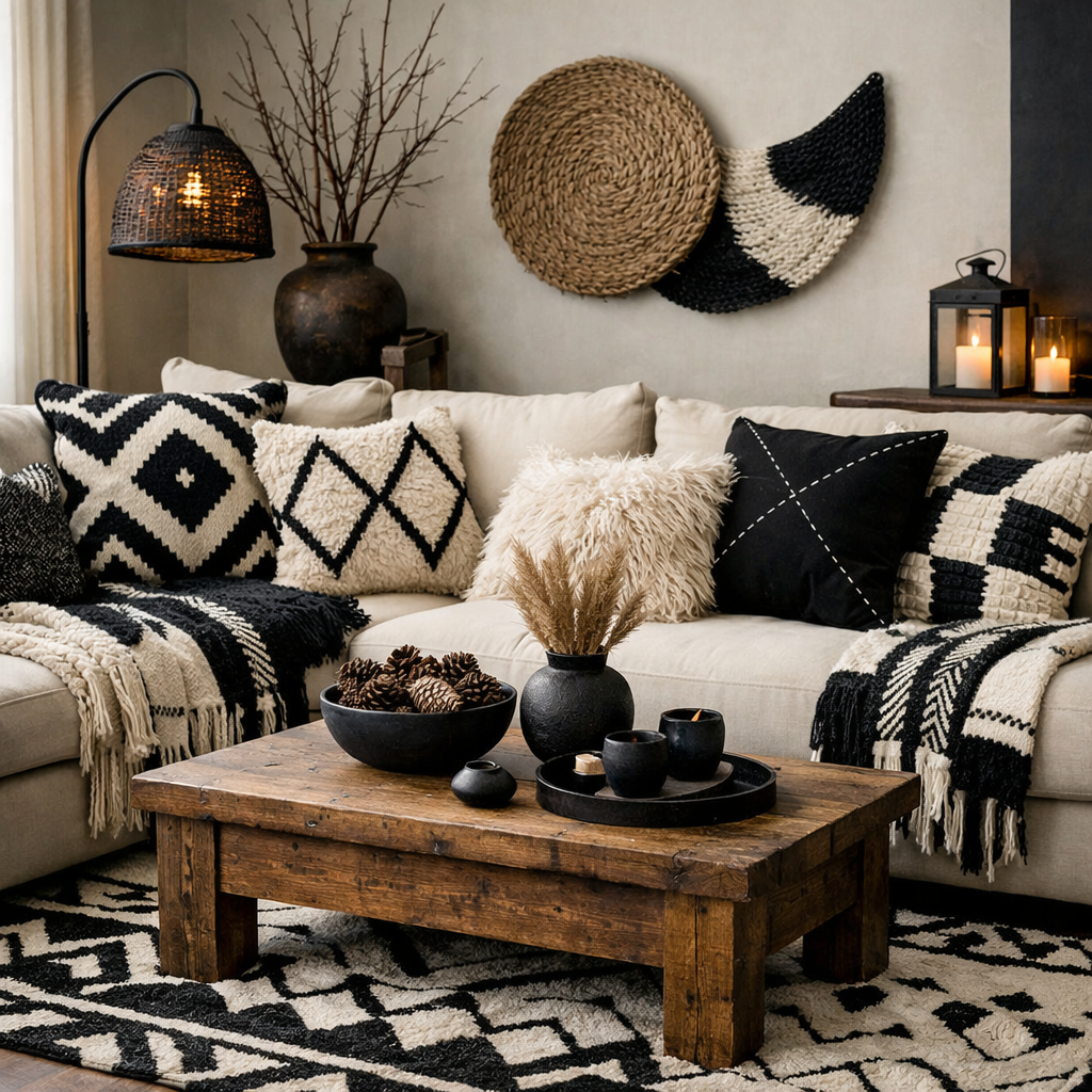 A stylish black and white living room featuring textured fabrics and patterns.