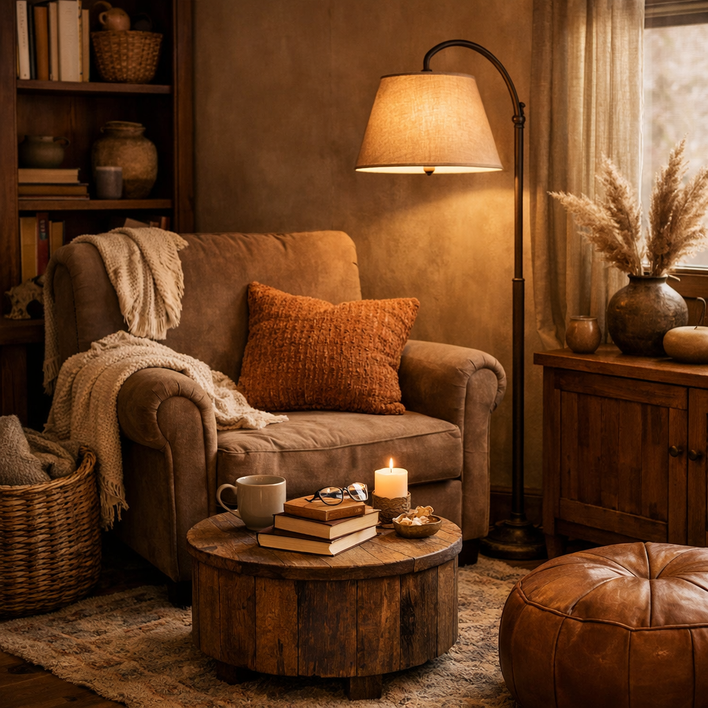 A cozy reading nook featuring a plush brown armchair, wooden coffee table with books and a candle, and ambient lighting.