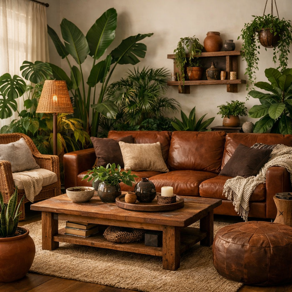 Cozy living room with brown leather couch and lush greenery