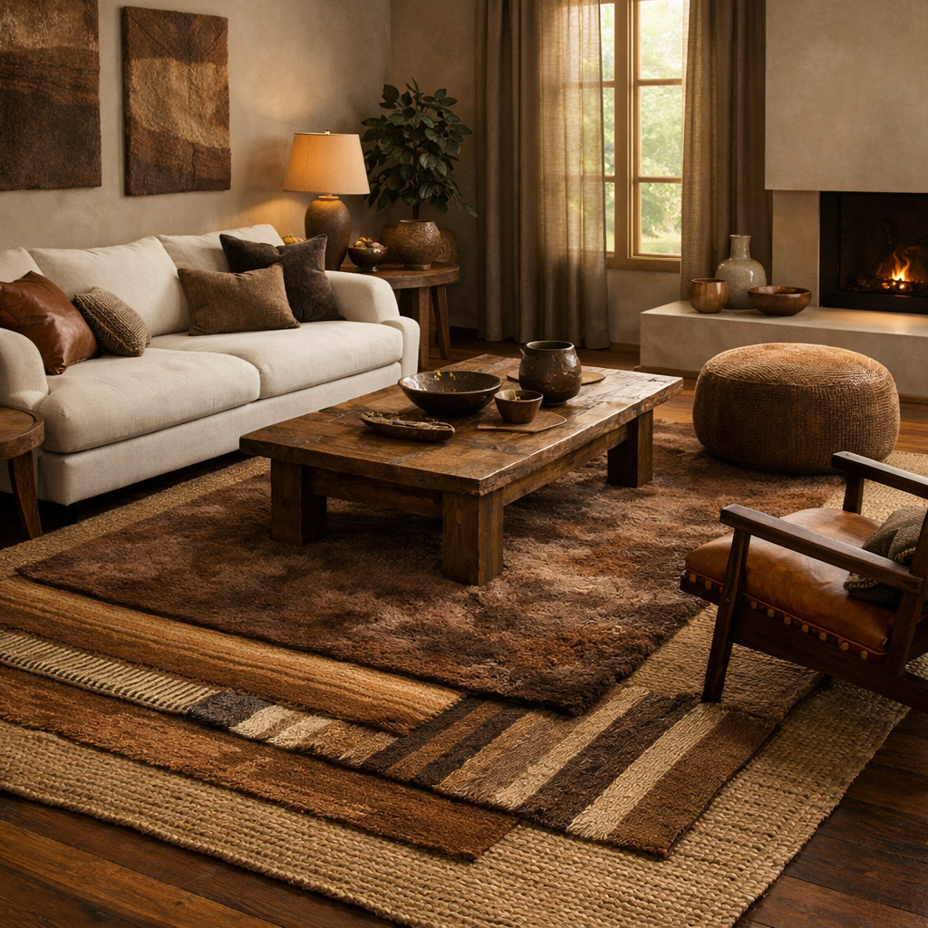 A cozy living room featuring layered rugs in warm brown tones, a wooden coffee table, and comfortable seating.