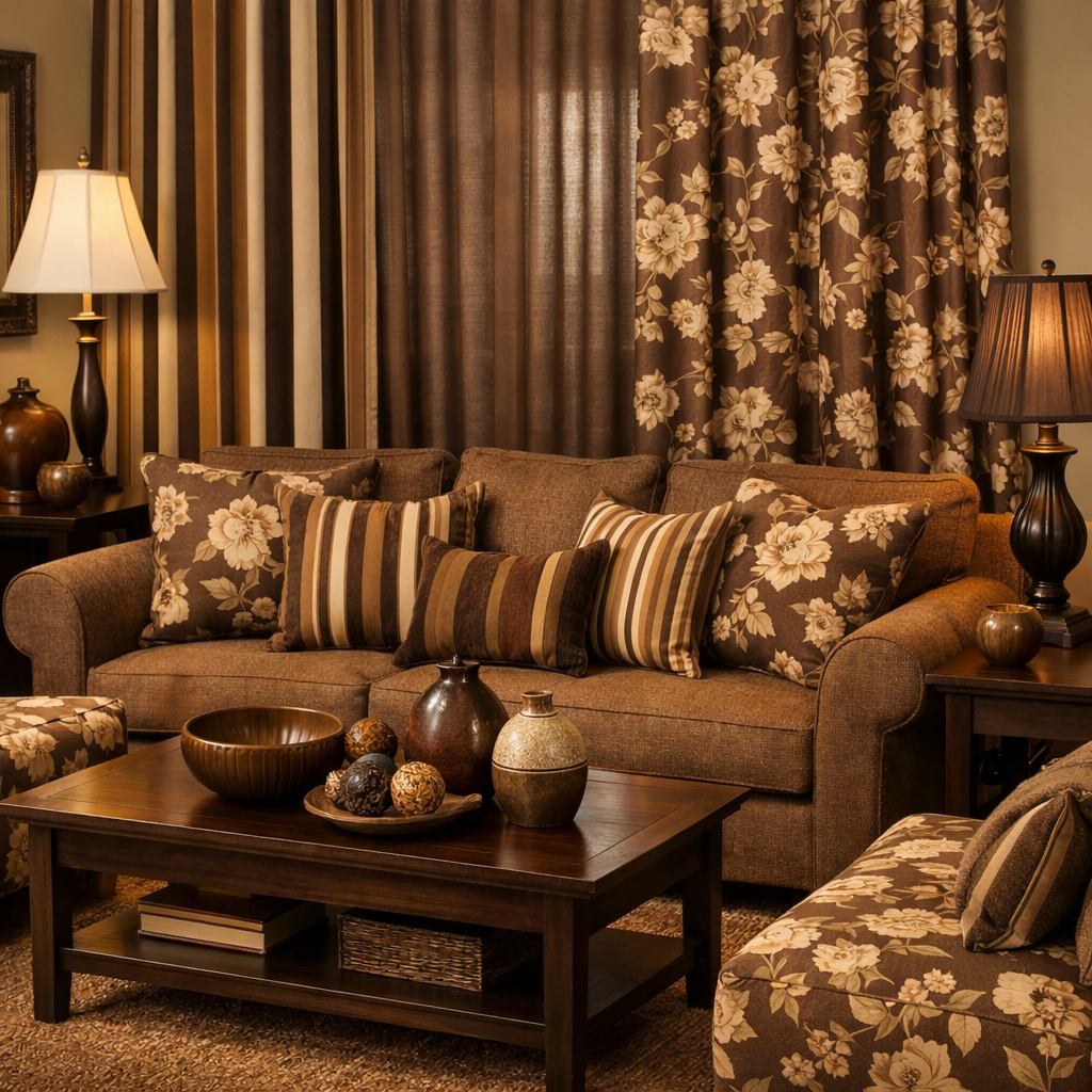 Living room with brown tones, floral and striped patterns on cushions and curtains.