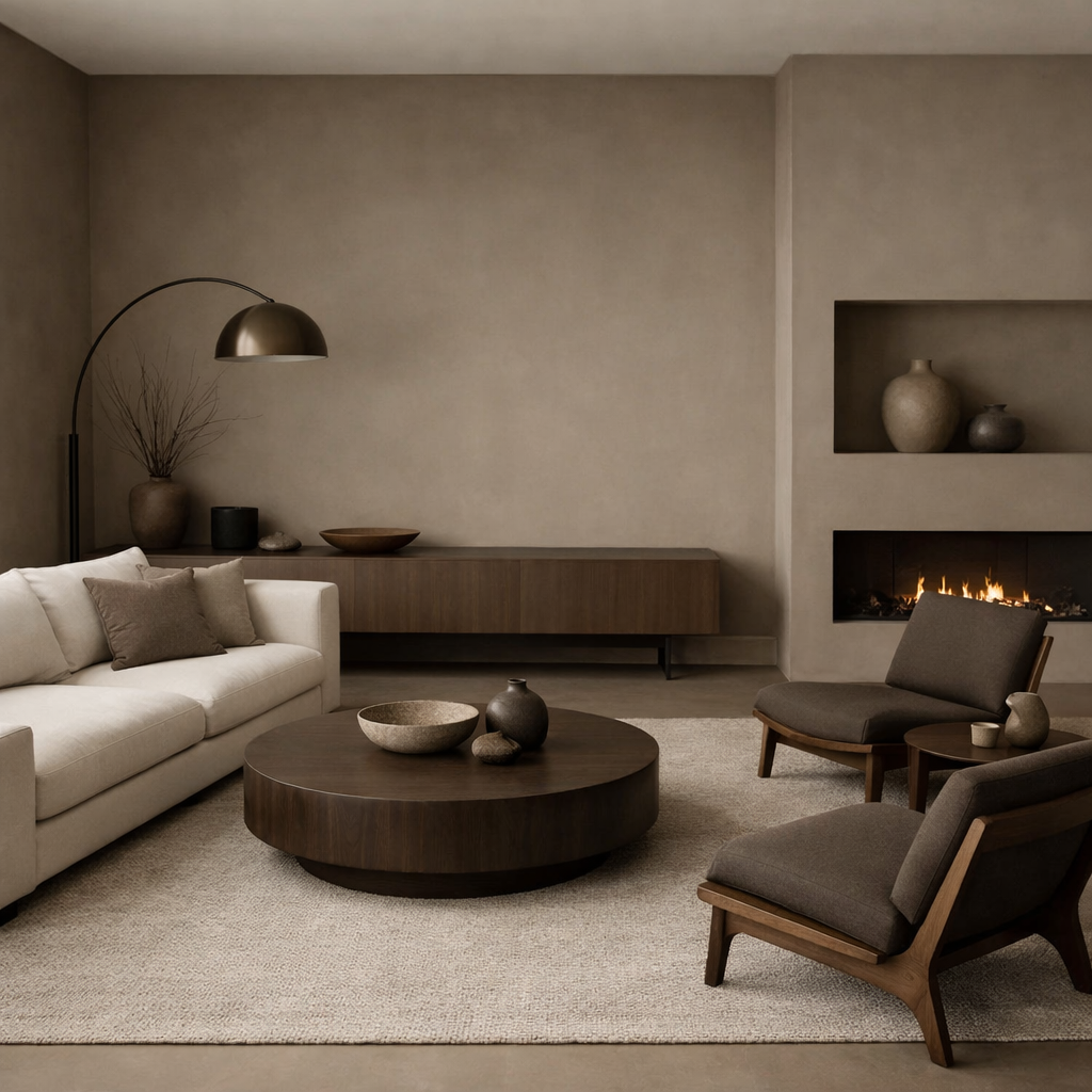 A modern minimalistic living room featuring brown tones, with a beige sofa, dark wooden coffee table, and minimalist brown chairs.