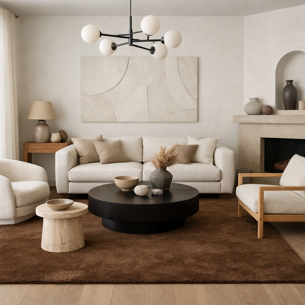 A living room featuring a brown rug, light furniture, and natural decor elements.