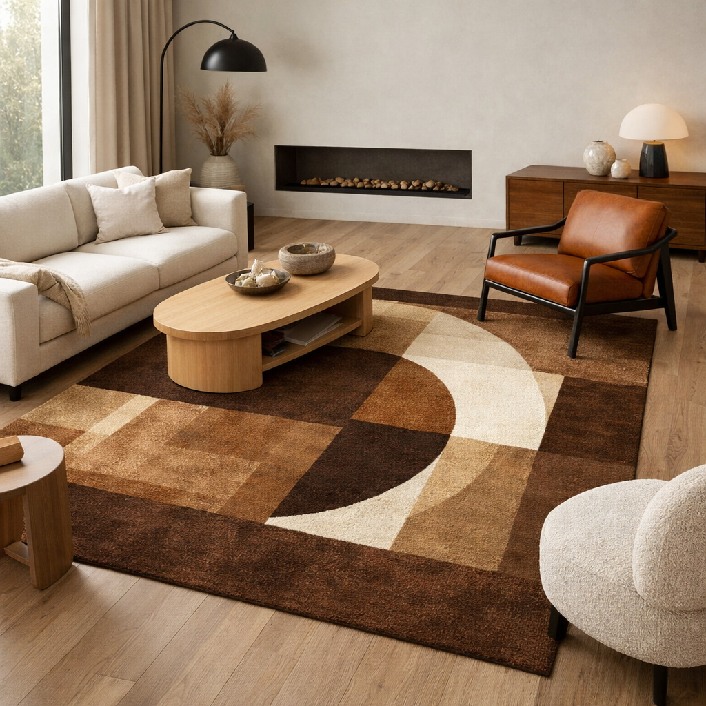Modern living room with a brown geometric rug, beige sofa, and stylish furniture