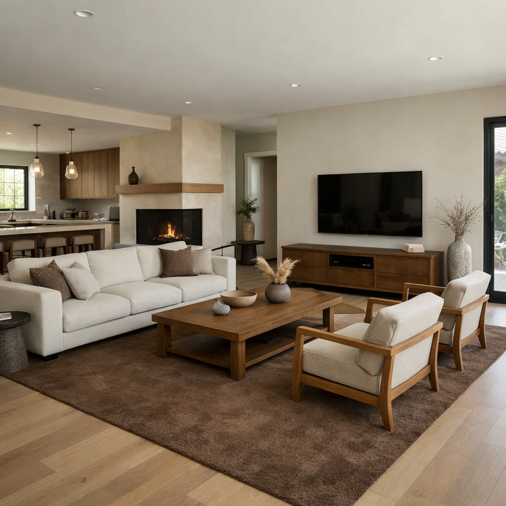 Cozy living room with a brown rug, wooden furniture, and a fireplace