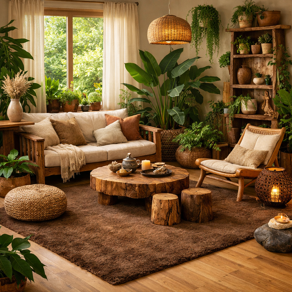 Cozy living room with brown rug, wooden furniture, and abundant plants.
