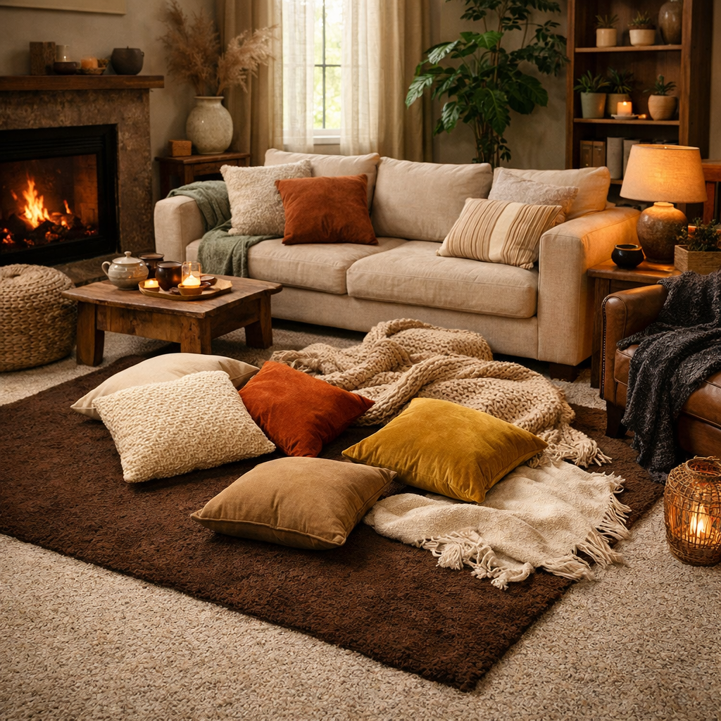 Cozy living room featuring a brown rug, assorted pillows, and warm lighting.